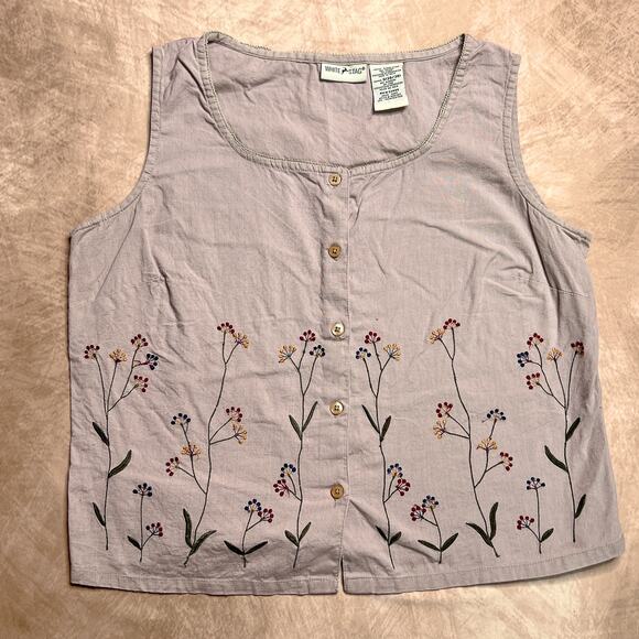 Vintage 90s White Stag Floral Embroidered Sleeveless Button Up Shirt Purple Boho - Picture 5 of 5
